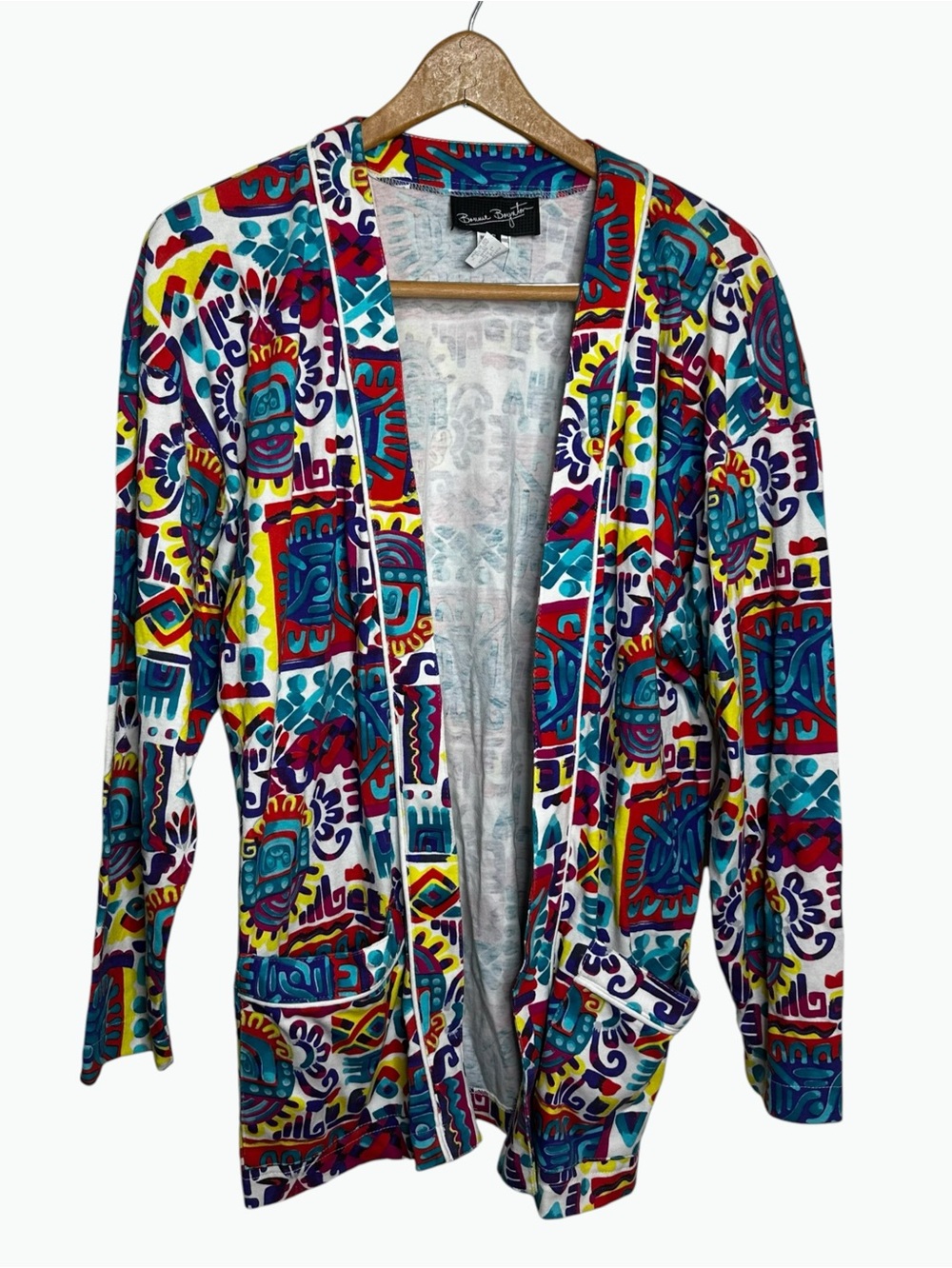 Vintage 80s Bonnie Boynton Abstract Tribal Art Cardigan Jacket Made in USA Small